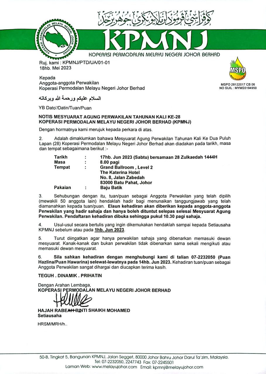 NOTIS MESYUARAT AGUNG PERWAKILAN TAHUNAN KALI KE-28